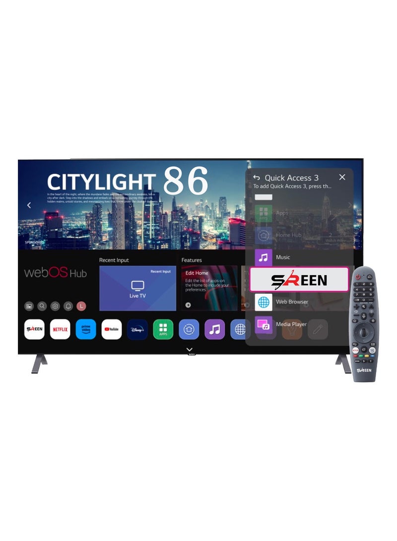 سرين شاشة SREEN ٨٦ بوصة QLED سمارت ٤K UHD، تصميم فريملس، نظام webOS، دعم Netflix وYouTube وPrime Video، منافذ HDMI وUSB، موديل SRET-86S4KWQ3 - Image 1